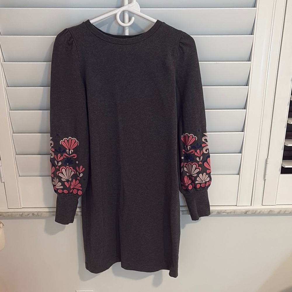 Boden Gray Dress with Pink and Red Floral Embroidery